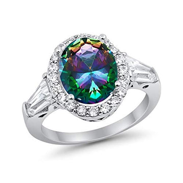 Halo Fashion Ring Baguette Simulated Rainbow CZ 925 Sterling Silver